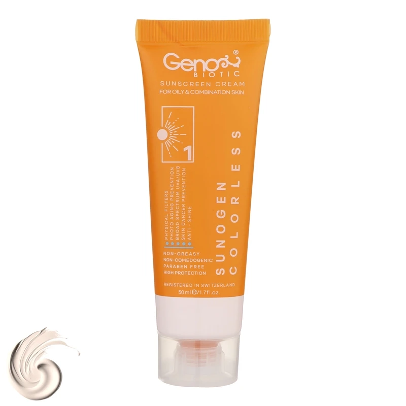 کرم ضد آفتاب بی رنگ ژنوبایوتیک مدل سانوژن با SPF50 مناسب پوست چرب و مختلط حجم 50 میلی لیتر