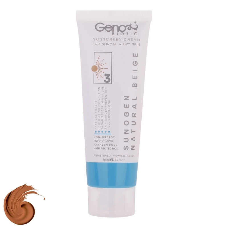 کرم ضدآفتاب رنگی ژنوبایوتیک مدل سانوژن با SPF50 مناسب پوست خشک و نرمال حجم 50 میلی لیتر