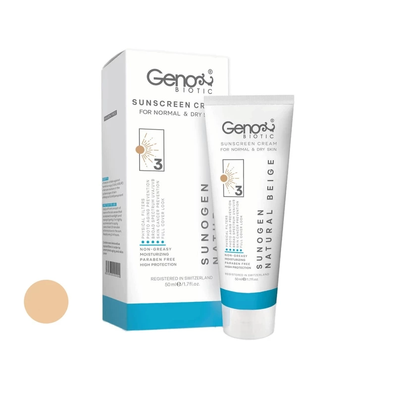 کرم ضدآفتاب رنگی ژنوبایوتیک مدل سانوژن با SPF50 مناسب پوست خشک و نرمال حجم 50 میلی لیتر