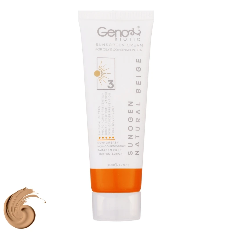 کرم ضدآفتاب رنگی ژنوبایوتیک مدل سانوژن با SPF50 مناسب پوست مختلط تا جرب حجم 50 میلی لیتر
