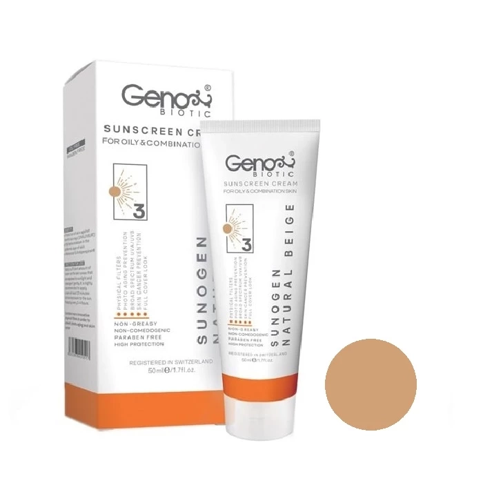 کرم ضدآفتاب رنگی ژنوبایوتیک مدل سانوژن با SPF50 مناسب پوست مختلط تا جرب حجم 50 میلی لیتر