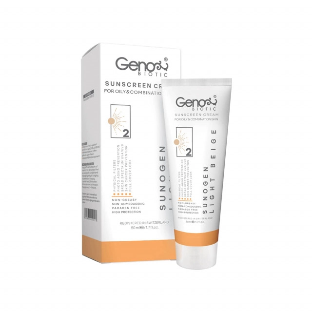 کرم ضدآفتاب رنگی ژنوبایوتیک مدل سانوژن با SPF50 مناسب پوست مختلط تا جرب حجم 50 میلی لیتر