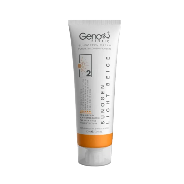 کرم ضدآفتاب رنگی ژنوبایوتیک مدل سانوژن با SPF50 مناسب پوست مختلط تا جرب حجم 50 میلی لیتر