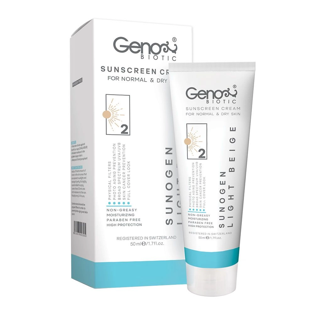 کرم ضدآفتاب رنگی ژنوبایوتیک مدل سانوژن با SPF50 مناسب پوست خشک و نرمال حجم 50 میلی لیتر