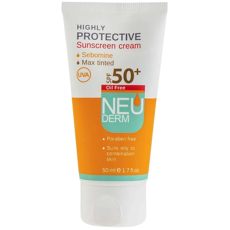 کرم ضد آفتاب رنگی نئودرم SPF 50 مدل Highly Protective Max Tinted محافظ UVA، مناسب پوست‌های چرب و مختلط حجم 50 میلی لیتر