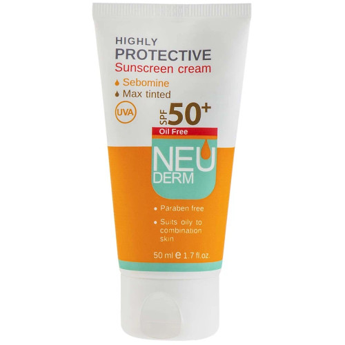 کرم ضد آفتاب رنگی نئودرم SPF 50 مدل Highly Protective Max Tinted محافظ UVA، مناسب پوستهای چرب و مختلط حجم 50 میلی لیتر