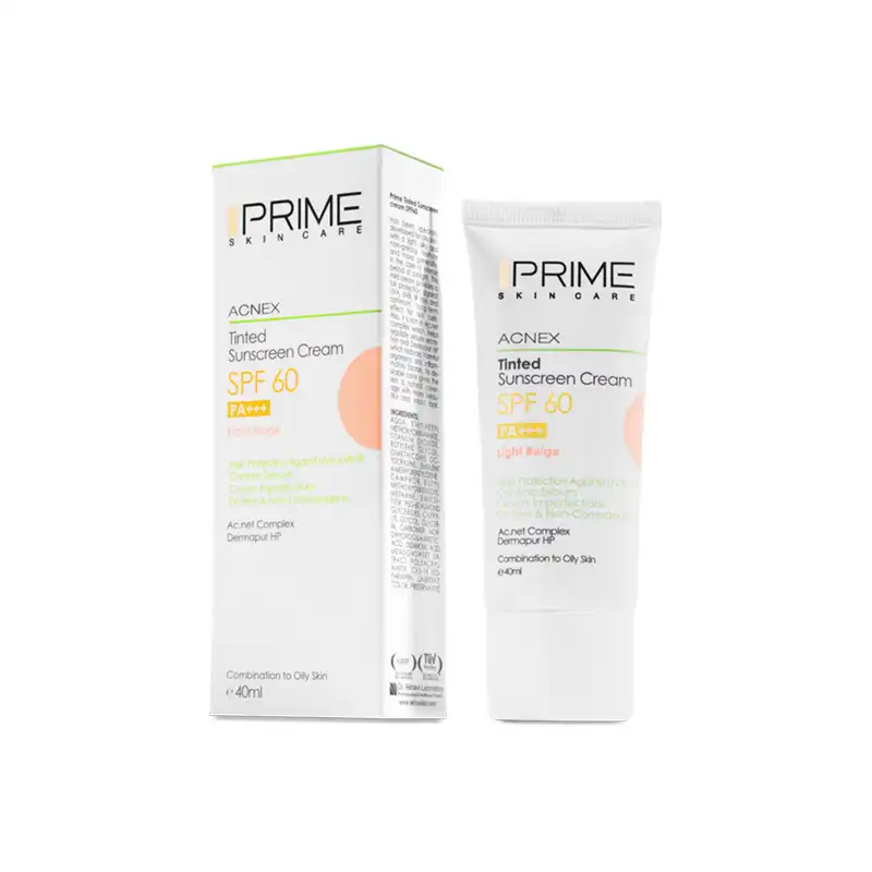 کرم ضد آفتاب رنگی پرایم مدل Acnex بژ روشن SPF60 فاقد چربی مناسب پوست چرب و آکنه دار